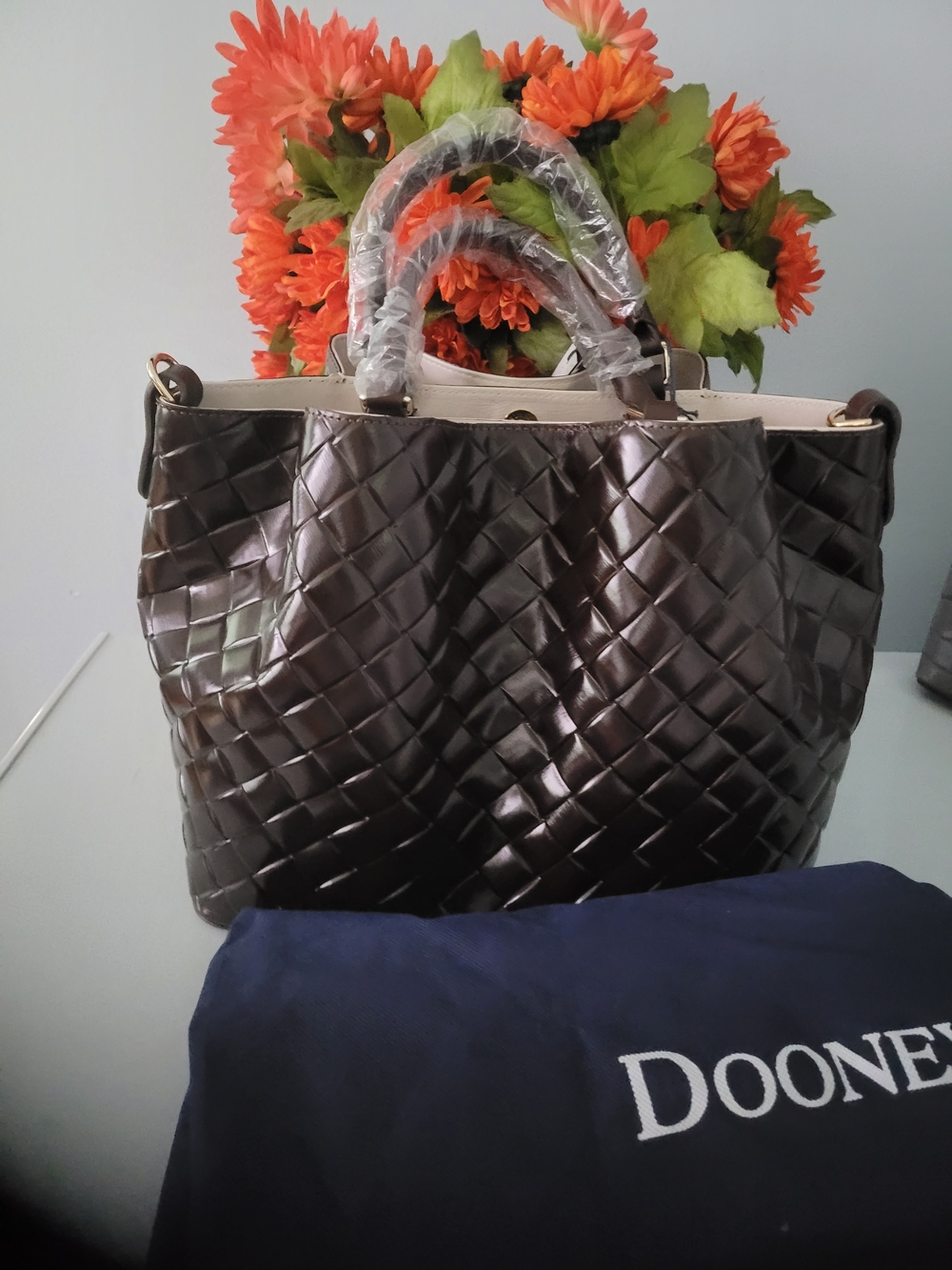 Dooney & Bourke Dark Brown Woven Tote with Top Handles - Picture 2 of 6